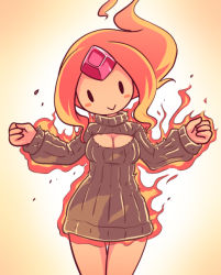 Rule 34 | 1girl, :&gt;, adventure time, breasts, cartoon network, cleavage, colored skin, flame princess, flaming hair, forehead jewel, long hair, meme attire, nollety, open-chest sweater, orange skin, smile, sweater