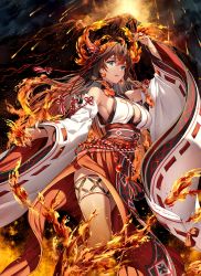 Rule 34 | 1girl, absurdres, arm at side, arm up, blue eyes, breasts, brown hair, chain chronicle, character request, eruption, fiery hair, fire, highres, horns, japanese clothes, large breasts, long sleeves, looking at viewer, nardack, official art, single horn, solo, volcano, wide sleeves