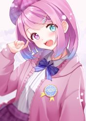 Rule 34 | 1girl, :d, badge, beret, blue eyes, blurry, blurry foreground, blush, bow, bowtie, candy hair ornament, collared shirt, food-themed hair ornament, gem, hair ornament, hairclip, hand up, hat, heterochromia, highres, himemori luna, hololive, hood, hoodie, kowano, looking at viewer, open mouth, pearl (gemstone), pink eyes, pink hair, plaid, plaid skirt, purple hair, shirt, short hair, skirt, smile, solo, virtual youtuber