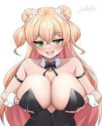 Rule 34 | 1girl, @ @, alternate costume, bare shoulders, black bow, black bowtie, black leotard, blonde hair, blush, bow, bowtie, breast hold, breasts, cleavage, commentary, detached collar, double bun, fang, grabbing own breast, green eyes, hair bun, hashira 14, highres, hololive, huge breasts, leotard, long hair, looking at viewer, momosuzu nene, nervous smile, open mouth, paid reward available, playboy bunny, signature, simple background, smile, solo, strapless, strapless leotard, sweat, traditional bowtie, upper body, v-shaped eyebrows, variant set, virtual youtuber, white background, wrist cuffs