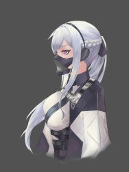 Rule 34 | 1girl, absurdres, ak-12 (girls&#039; frontline), artificial eye, braid, breasts, french braid, from side, girls&#039; frontline, grey background, headset, high ponytail, highres, jacket, jacket on shoulders, korean commentary, large breasts, long hair, mask, mouth mask, ponytail, purple eyes, sidelocks, silver hair, tactical clothes, un lim