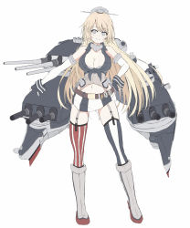 Rule 34 | 1girl, asymmetrical legwear, blonde hair, blue eyes, breasts, cannon, cleavage, commentary request, dairyo3, fingerless gloves, flat color, front-tie top, full body, garter straps, gloves, headgear, iowa (kancolle), kantai collection, large breasts, long hair, looking at viewer, machinery, miniskirt, mismatched legwear, navel, simple background, skirt, smile, solo, standing, star-shaped pupils, star (symbol), striped clothes, striped thighhighs, symbol-shaped pupils, thighhighs, turret, unfinished, vertical-striped clothes, vertical-striped thighhighs, white background