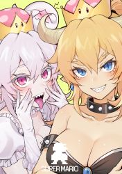Rule 34 | 2girls, absurdres, bare shoulders, blonde hair, blue eyes, blush, boo (mario), bowsette, breasts, cleavage, clenched teeth, collar, collarbone, crown, earrings, eyebrows, gloves, green background, highres, horns, jewelry, jingo, large breasts, long hair, looking at viewer, luigi&#039;s mansion, mario (series), multiple girls, new super mario bros. u deluxe, nintendo, open mouth, pale skin, pink eyes, pointy ears, ponytail, princess king boo, puffy short sleeves, puffy sleeves, sharp teeth, short hair, short sleeves, silver hair, simple background, slit pupils, smile, spiked collar, spikes, super crown, teeth, tongue, tongue out, upper body, white gloves