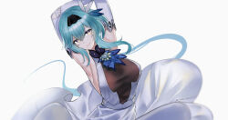 Rule 34 | 1girl, absurdres, armpits, arms up, backless dress, backless outfit, black hairband, blue hair, breasts, closed mouth, detached sleeves, dress, elbow cutout, eula (genshin impact), genshin impact, hair between eyes, hair ornament, hairband, hand on another&#039;s arm, head tilt, highres, large breasts, lips, long sleeves, looking at viewer, medium hair, sideboob, sidelocks, simple background, smile, solo, srpzk, upper body, white background, white dress, white sleeves, yellow eyes