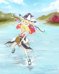 Rule 34 | 2girls, blonde hair, borrowed clothes, broom, broom riding, cloud, day, female focus, flandre scarlet, hat, headwear switch, kirisame marisa, multiple girls, outdoors, red eyes, satou, sky, touhou, water, wings, witch, witch hat, yellow eyes