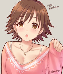 Rule 34 | 10s, 1girl, blush, breasts, brown eyes, brown hair, cleavage, hair ornament, hairclip, happy birthday, honda mio, idolmaster, idolmaster cinderella girls, jewelry, large breasts, long sleeves, looking at viewer, matching hair/eyes, necklace, open mouth, short hair, simple background, sleeves past wrists, solo, star necklace, sweater, tayu (yuntayu)