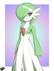 Rule 34 | 1girl, arms at sides, artist name, bob cut, border, breasts, closed mouth, colored skin, creatures (company), expressionless, female focus, game freak, gardevoir, gen 3 pokemon, gradient background, green hair, green skin, gungka gig gog, hair over one eye, highres, multicolored skin, nintendo, one eye covered, outside border, pokemon, pokemon (creature), purple background, red eyes, short hair, signature, small breasts, solo, standing, two-tone skin, white border, white skin