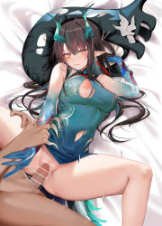 Rule 34 | 1boy, 1girl, arknights, bar censor, bare shoulders, black hair, blue dress, blush, breasts, censored, china dress, chinese clothes, dragon girl, dragon horns, dress, dusk (arknights), green hair, hetero, highres, holding another&#039;s wrist, horns, large breasts, looking at viewer, multicolored hair, navel, parted lips, penis, pointy ears, ru zhai, sex, solo focus, spread legs, streaked hair, thighs, torn clothes, torn dress, vaginal