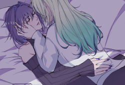 Rule 34 | 2girls, bare shoulders, blue hair, casual, ceres fauna, closed eyes, face-to-face, gradient hair, green hair, green nails, hands on another&#039;s cheeks, hands on another&#039;s face, hololive, hololive english, long hair, long sleeves, lying, medium hair, multicolored hair, multiple girls, nail polish, notziegler, on back, on person, ouro kronii, ribbed shirt, shirt, sleeping, turtleneck, virtual youtuber, yuri