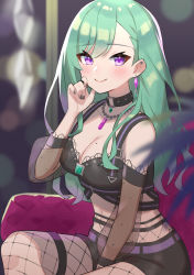 Rule 34 | 1girl, absurdres, aotake iro, belt, black collar, black nails, black shorts, blush, breasts, bustier, cleavage, collar, collarbone, couch, ear piercing, earrings, fishnets, green hair, highres, jewelry, long hair, looking at viewer, medium breasts, mole, mole on breast, nail polish, necklace, pantyhose, piercing, purple belt, purple eyes, shorts, single earring, sitting, smile, solo, swept bangs, virtual youtuber, vspo!, yakumo beni, yakumo beni (1st costume)