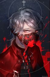 Rule 34 | 1boy, aesop carl, artist name, belt, blood, blood splatter, blood on clothes, capelet, cross, exorcist (identity v), gloves, grey hair, highres, identity v, kukatsuma, looking at viewer, male focus, mask, mouth mask, official alternate costume, ponytail, red capelet, red eyes, simple background, solo, spikes, surgical mask, twitter username, upper body