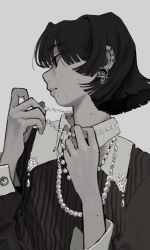 Rule 34 | 1girl, adjusting necklace, blunt bangs, blunt ends, collared shirt, crying, crying with eyes open, cuff links, ear piercing, earrings, end80236189, hands up, highres, jewelry, looking to the side, monochrome, necklace, nose, original, pearl necklace, piercing, profile, shirt, simple background, sleeve cuffs, solo, tears, upper body, wing collar