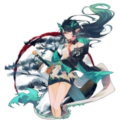 Rule 34 | 1girl, aqua hair, arknights, bare legs, black jacket, black skirt, blue fire, blue hair, blue skin, breasts, brush stroke, closed mouth, colored skin, commentary, cowboy shot, cropped legs, dragon horns, dragon tail, dusk (arknights), earrings, erhuo, expressionless, fire, floating hair, flower, gradient hair, hair between eyes, horns, jacket, jewelry, long hair, looking at viewer, medium breasts, miniskirt, multicolored hair, multicolored skin, off shoulder, open clothes, open jacket, pointy ears, red eyes, red neckwear, shirt, simple background, skirt, sleeveless, sleeveless shirt, solo, sword, tail, tassel, tassel earrings, thighs, two-sided fabric, two-sided jacket, two-tone hair, weapon, white background, white shirt, wing collar