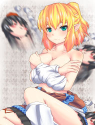 Rule 34 | 1girl, arm warmers, black skirt, blonde hair, blush, breasts, brown jacket, closed mouth, commentary request, covering privates, covering breasts, feet out of frame, green eyes, hair between eyes, half updo, jacket, kimeemaru, looking at viewer, medium breasts, mizuhashi parsee, motion blur, multicolored clothes, multicolored jacket, off shoulder, peso (cheese company), pointy ears, sash, shameimaru aya, short hair, short ponytail, skirt, smile, socks, solo focus, touhou, white legwear, white sash, yukkuri shiteitte ne