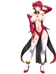 Rule 34 | 1girl, areola slip, arm behind head, breasts, breasts apart, bridal gauntlets, center opening, cleavage, closed game, contrapposto, detached collar, detached sleeves, empress (studio), eyelashes, eyeshadow, facial tattoo, fingernails, hand on thigh, high heels, highres, hip focus, jewelry, large breasts, leotard, lips, lipstick, looking at viewer, makeup, michiko verxina, mature female, navel, nipple slip, nipples, pendant, pentagram, pink lips, red hair, revealing clothes, sei shoujo, short hair, solo, standing, star (symbol), star tattoo, stiletto heels, tattoo, thick lips, thighhighs, thighs, transparent background