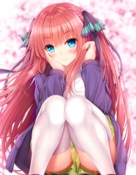 Rule 34 | 1girl, black ribbon, blue eyes, blurry, blurry background, blush, cardigan, closed mouth, clothes between thighs, collared shirt, commentary request, depth of field, dress shirt, feet out of frame, fingernails, go-toubun no hanayome, green skirt, hair ribbon, hands up, highres, knees up, long hair, long sleeves, md5 mismatch, nakano nino, open cardigan, open clothes, pleated skirt, purple cardigan, red hair, resolution mismatch, ribbon, shirt, skirt, sleeves past wrists, smile, solo, source larger, squatting, thighhighs, two side up, very long hair, white shirt, white thighhighs, yunagi amane