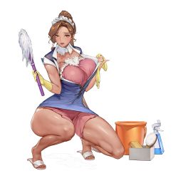 Rule 34 | 1girl, apron, belt, bottle, box, breasts, brown eyes, bucket, cleaning brush, collar, covered navel, curvy, dark-skinned female, dark skin, detached collar, dress, full body, game cg, gloves, highres, large breasts, last origin, long hair, looking at viewer, maid, maid headdress, miss safety, mop, official art, parted bangs, pink apron, puddle, pulling own clothes, revealing clothes, rorobomb, sandals, shirt, short dress, simple background, soap, solo, spray bottle, squatting, tachi-e, thighs, tiptoes, toned, transparent background, undressing, upskirt, wide hips, yellow gloves