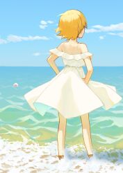 Rule 34 | 1girl, blonde hair, blue sky, don quixote (project moon), dress, from behind, full body, highres, limbus company, ocean, off-shoulder dress, off shoulder, outdoors, project moon, short hair, sinlu, sky, solo, white dress