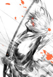 Rule 34 | 1boy, from above, gintama, glowing, glowing eyes, hangleing, holding, holding sword, holding weapon, japanese clothes, katana, looking at viewer, male focus, motion blur, okita sougo, red eyes, sheath, simple background, smirk, solo, spot color, sword, unsheathing, weapon, white background