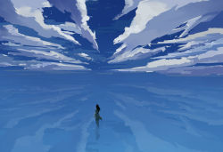 Rule 34 | 1girl, black hair, blue theme, cloud, cloudy sky, commentary request, day, from behind, long hair, monochrome, ocean, on liquid, original, scenery, sente, sky, solo, standing, star (sky), very wide shot, vest, walking, walking on liquid, water world