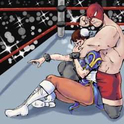 Rule 34 | 1boy, 1girl, absurdres, asphyxiation, bare shoulders, battle, beaten, blush, boots, brown hair, bun cover, capcom, china dress, chinese clothes, choke hold, chun-li, crying, defeat, double bun, dress, fighting, ghost13, hair bun, highres, holding, mask, muscular, pain, pantyhose, restrained, ryona, sleeper hold, strangling, street fighter, submission, sweat, tears, thighs, trembling, wrestler, wrestling, wrestling outfit