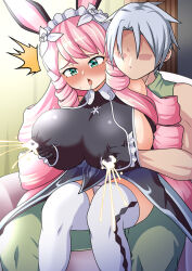Rule 34 | 1boy, 1girl, artist request, blush, grabbing another&#039;s breast, breasts, drooling, grabbing, green eyes, huge breasts, lactation, lactation through clothes, large breasts, milk, milking, nipples, open mouth, pink hair, projectile lactation, rabbit ears, sitting, sitting on lap, sitting on person, thighhighs
