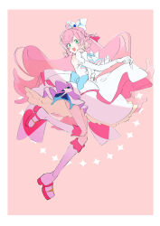 Rule 34 | 1girl, 35kawaiiprpr, absurdres, boots, bow, braid, center frills, clothes lift, commentary, cure prism, dress, dress bow, dress lift, earrings, elbow gloves, french braid, frills, full body, gloves, green eyes, hair bow, highres, hirogaru sky! precure, jewelry, knee boots, layered dress, leg up, lifted by self, long hair, looking at viewer, magical girl, nijigaoka mashiro, open mouth, pink background, pink hair, precure, short dress, side braid, simple background, sleeveless, sleeveless dress, smile, solo, standing, standing on one leg, twin braids, very long hair, white bow, white dress, white footwear, white gloves