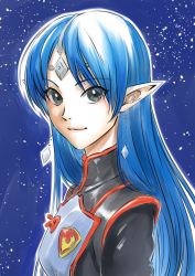 Rule 34 | 1girl, aduti momoyama, black eyes, blue hair, breasts, circlet, closed mouth, earrings, eyes visible through hair, highres, jewelry, lafiel, lips, long hair, looking at viewer, outline, parted bangs, pink lips, pointy ears, seikai no senki, small breasts, smile, solo, straight hair, tsurime, turtleneck, uniform, upper body, white outline