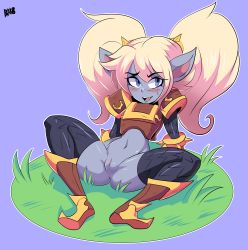 Rule 34 | absurdres, bigdead, black thighhighs, blue skin, blush, cleft of venus, colored skin, full body, gold trim, highres, league of legends, lying, naughty face, poppy (league of legends), pussy, short twintails, simple background, solo, spread legs, tagme, thighhighs, twintails, uncensored, yordle