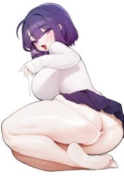 Rule 34 | 1girl, ankle socks, ass, blush, breasts, breath, cum, cum on hands, highres, huge breasts, long sleeves, looking at viewer, open mouth, original, panties, pleated skirt, purple eyes, purple hair, purple skirt, rabbit (wlsdnjs950), saliva, shirt, short hair, simple background, skindentation, skirt, socks, solo, thong, tongue, tongue out, underwear, white background, white panties, white shirt, white socks