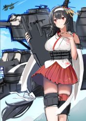 Rule 34 | 1girl, aircraft, airplane, akagi kurage, black hair, cowboy shot, detached sleeves, epaulettes, floral print, fusou (kancolle), fusou kai ni (kancolle), hair ornament, hand on own chest, headband, kantai collection, long hair, looking to the side, machinery, red eyes, solo, standing