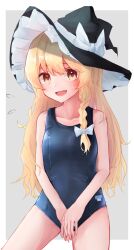 Rule 34 | 1girl, black hat, blonde hair, blush, bow, braid, embarrassed, hat, highres, kirisame marisa, long hair, open mouth, school swimsuit, single braid, solo, swimsuit, taguno, touhou, white bow, witch hat, yellow eyes