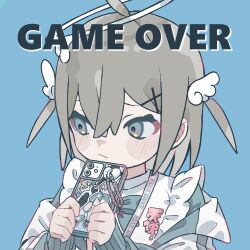 Rule 34 | 1girl, ahoge, blue background, brown hair, closed mouth, english text, game over, grey eyes, halo, highres, holding, holding phone, long sleeves, looking to the side, original, phone, short hair, simple background, solo, tomoja rs, upper body, wing hair ornament