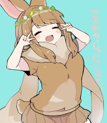 Rule 34 | 1girl, absurdres, animal ears, blue background, blush, breasts, brown hair, brown shirt, brown skirt, closed eyes, clover, commentary request, double v, flower, four-leaf clover, fur trim, hands up, head wreath, highres, long hair, medium breasts, open mouth, original, pleated skirt, rabbit ears, rabbit girl, rabbit tail, sakutake (ue3sayu), shirt, sidelocks, skirt, solo, swept bangs, tail, v