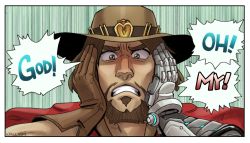 Rule 34 | 1boy, artist name, beard, brown eyes, brown gloves, brown hair, cassidy (overwatch), close-up, cowboy hat, emphasis lines, english text, facial hair, gloves, hands on own cheeks, hands on own face, hat, jojo no kimyou na bouken, male focus, mechanical arms, overwatch, overwatch 1, parody, single mechanical arm, solo, teeth, wallabri