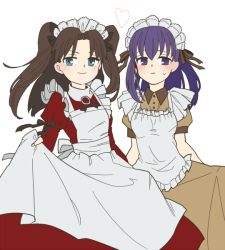 Rule 34 | 2girls, apron, blue eyes, blush, brown hair, child, dress, fate/stay night, fate/zero, fate (series), long hair, maid, maid apron, maid headdress, matou sakura, multiple girls, official alternate costume, purple eyes, purple hair, siblings, sisters, tnaym, twintails, two side up, aged down