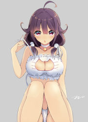 Rule 34 | 10s, 1girl, ahoge, bad id, bad pixiv id, bell, breasts, cat cutout, cat lingerie, chestnut mouth, choker, cleavage, cleavage cutout, clothing cutout, grey background, hair ribbon, jingle bell, kantai collection, looking at viewer, meme attire, neck bell, panties, purple eyes, purple hair, ribbon, solo, strap lift, taigei (kancolle), tebi (tbd11), underwear