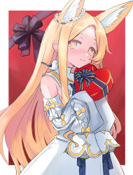 Rule 34 | 1girl, absurdres, animal, animal ear fluff, animal ears, animal on shoulder, bird, bird on shoulder, blonde hair, blue archive, blush, border, bow, box, cowboy shot, detached sleeves, dress, flower, fox ears, hair flower, hair ornament, hakuminhhh, heart-shaped box, highres, light smile, long hair, looking at viewer, multicolored eyes, orange bow, outside border, parted bangs, pink eyes, red background, seia (blue archive), simple background, sleeve bow, sleeveless, sleeveless dress, sleeves past fingers, sleeves past wrists, solo, very long hair, white bow, white dress, yellow eyes