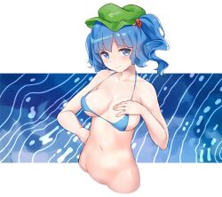 Rule 34 | 1girl, areola slip, bikini, blue bikini, blush, bottomless, breasts, commentary request, fairyfloss, flat cap, green hat, hair bobbles, hair ornament, hat, kawashiro nitori, looking at viewer, medium breasts, navel, out-of-frame censoring, short hair, solo, stomach, swimsuit, touhou, two side up