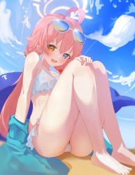 Rule 34 | 1girl, absurdres, ahoge, bare arms, bare legs, bare shoulders, bikini, blue archive, blue eyes, blue sky, cloud, day, eyewear on head, fang, frilled bikini, frills, hair between eyes, hair ornament, halo, heterochromia, highres, hoshino (blue archive), hoshino (swimsuit) (blue archive), inflatable toy, inflatable whale, long hair, looking at viewer, low twintails, open mouth, orange eyes, osorii, outdoors, pink hair, sitting, sky, smile, solo, sunglasses, swimsuit, twintails, wet, white bikini