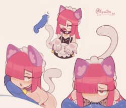 Rule 34 | 1girl, animal ears, animal hands, blue penis, brawl stars, breasts, cat ears, cat girl, cat paws, cat tail, collar, cum, fellatio, hair over one eye, maid, maid headdress, multiple views, naked shirt, non-web source, nude, oral, penis, pink hair, pinku pawlette (brawl stars), pov, shirt, signature, simple background, supercell (band), tail, xyraabs