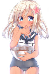 Rule 34 | 10s, 1girl, absurdres, blonde hair, blue eyes, blush, bowl, chocolate, commentary request, crop top, licking finger, flower, food, food on face, go-1, hair flower, hair ornament, highres, kantai collection, licking, long hair, md5 mismatch, mixing bowl, one-piece tan, ro-500 (kancolle), sailor collar, school swimsuit, smile, solo, swimsuit, swimsuit under clothes, tan, tanline, tongue, tongue out, valentine