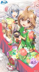 Rule 34 | 2girls, ahoge, blue eyes, bowl, brown eyes, brown hair, cherry blossoms, chopsticks, floral print, flower, food, from above, hair flower, hair ornament, hairclip, highres, himawari (myslot), holding, holding chopsticks, inoue sora, japanese clothes, kimono, looking at viewer, looking up, midori-chan (myslot), multiple girls, myslot, open mouth, outdoors, sandals, short hair, silver hair, sitting, smile, spring (season), traditional clothes