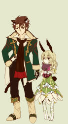Rule 34 | 1boy, 1girl, alternate color, alvin (tales), animal ears, bad id, bad pixiv id, blonde hair, boots, brown eyes, brown hair, elize lutus, gloves, green eyes, height difference, knee boots, scarf, tail, tales of (series), tales of xillia, teepo (tales), toraneko