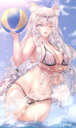 Rule 34 | 1girl, absurdres, animal ear fluff, animal ears, arknights, artist name, ball, bare arms, bare shoulders, beachball, bikini, blue eyes, blue sky, blush, braid, breasts, collarbone, head chain, highres, in water, jewelry, large breasts, leopard ears, leopard girl, leopard tail, long hair, looking at viewer, navel, one eye closed, open mouth, outdoors, pramanix (arknights), sideboob, silver hair, sky, solo, sunlight, swimsuit, tail, twin braids, underboob, wading, water, zynxy