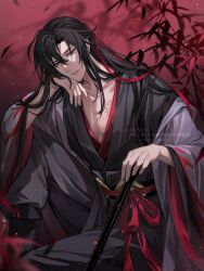 Rule 34 | 1boy, artist name, bamboo, bishounen, black hair, black pants, black robe, chest tattoo, chinese clothes, collarbone, commentary request, expressionless, eyelashes, hair between eyes, hair ornament, hair ribbon, hand up, hanfu, head rest, head tilt, holding, knee up, light particles, long hair, long sleeves, looking at viewer, male focus, modao zushi, pants, parted bangs, parted lips, plant, red background, red eyes, red ribbon, red sash, ribbon, robe, sash, sidelocks, sitting, solo, tattoo, twitter username, usagishi, very long hair, watermark, wei wuxian, wide sleeves