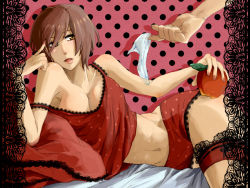 Rule 34 | 1girl, apple, bad id, bad pixiv id, boyshort panties, breasts, brown eyes, brown hair, camisole, cleavage, food, frilled pillow, frills, fruit, gsn, large breasts, lingerie, lying, meiko (vocaloid), nail polish, on side, pillow, pink nails, romeo to cinderella (vocaloid), shoes, short hair, solo, underwear, vocaloid