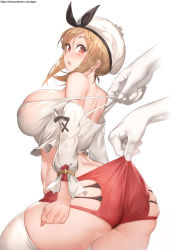 Rule 34 | 1girl, alternate breast size, ass, atelier (series), atelier ryza, atelier ryza 1, back, bare shoulders, black panties, blouse, breasts, brown eyes, brown hair, butt crack, clothes pull, disembodied hand, female pubic hair, gao (gaolukchup), hat, huge ass, huge breasts, looking back, open mouth, panties, pubic hair, pubic hair peek, red shorts, reisalin stout, shirt, short shorts, shorts, sidelocks, simple background, skindentation, solo focus, thick thighs, thighhighs, thighs, underwear, wedgie, white background, white headwear, white shirt, white thighhighs, wide hips