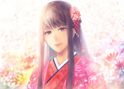 Rule 34 | 1girl, character request, chihayafuru, commentary request, floral print, flower, hair flower, hair ornament, japanese clothes, kimono, light smile, long hair, looking at viewer, mole, mole under eye, red kimono, sakimori (hououbds), smile, solo