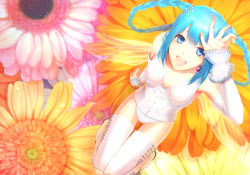 Rule 34 | 1girl, :d, aqua eyes, aqua hair, bad id, bad pixiv id, braid, fairy wings, flower, from above, highres, looking at viewer, open mouth, original, rowya, sitting, smile, solo, thigh gap, twin braids, wings